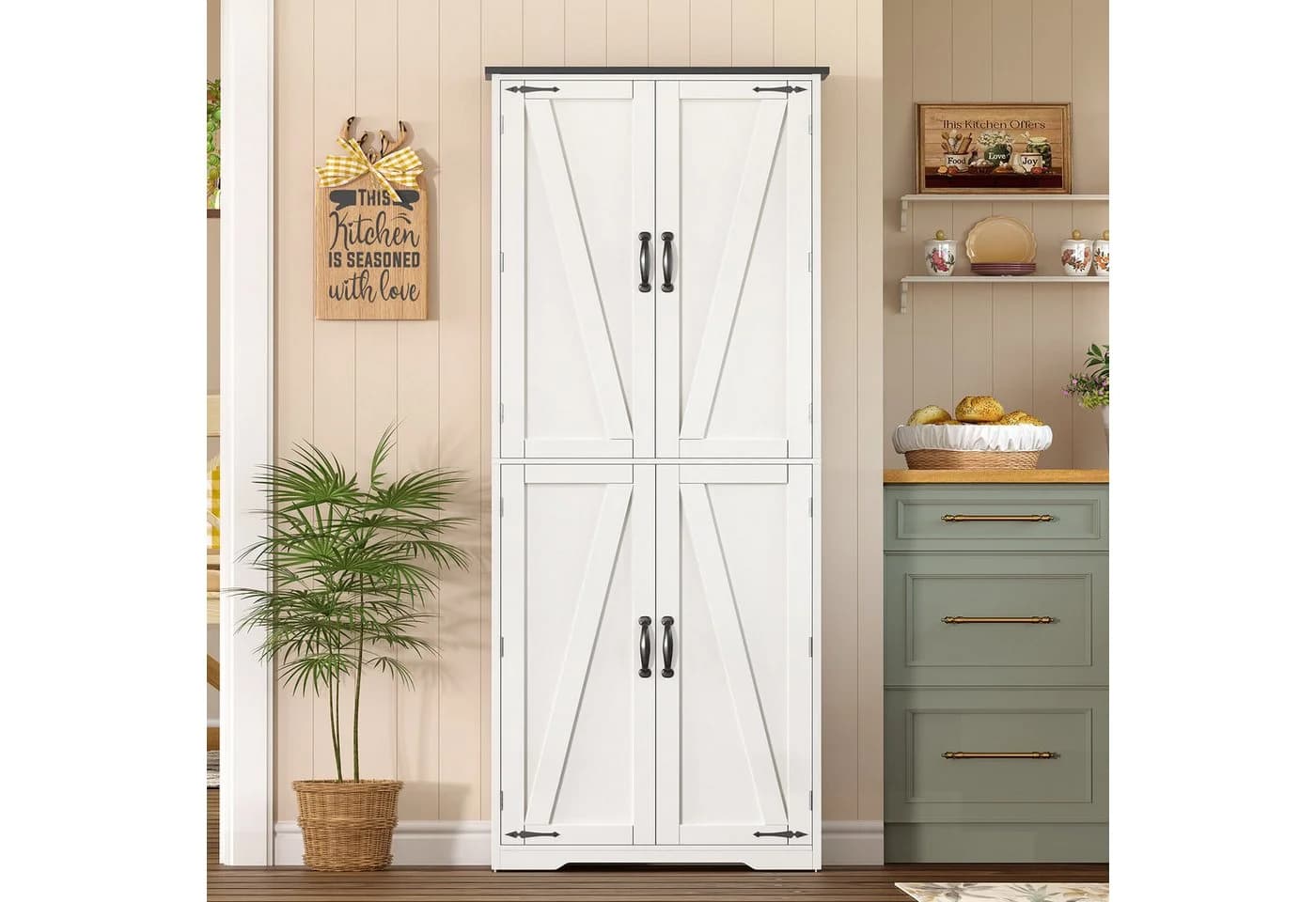 TEENFON Hochschrank mit 4 Scheunentüren Weiß Modern
