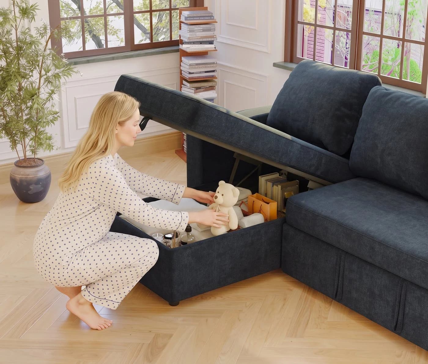 GUNJI Ecksofa Chenille L-Form mit Schlaffunktion - Bild 5