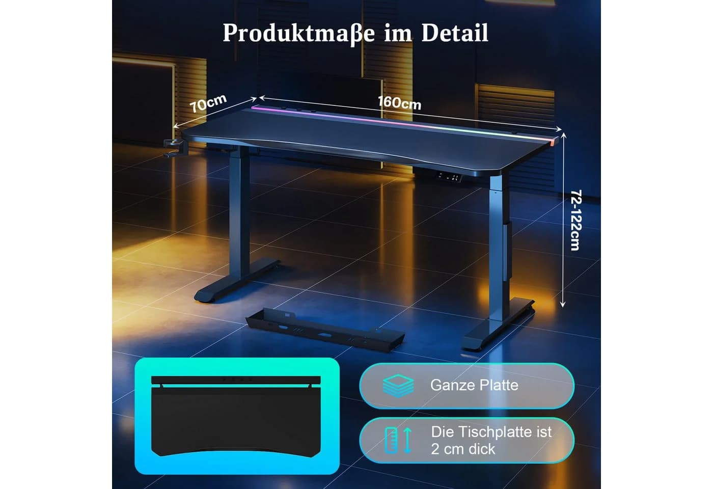 HOMALL Höhenverstellbarer Gamingtisch mit RGB-LED-Beleuchtung Schwarz - Bild 3