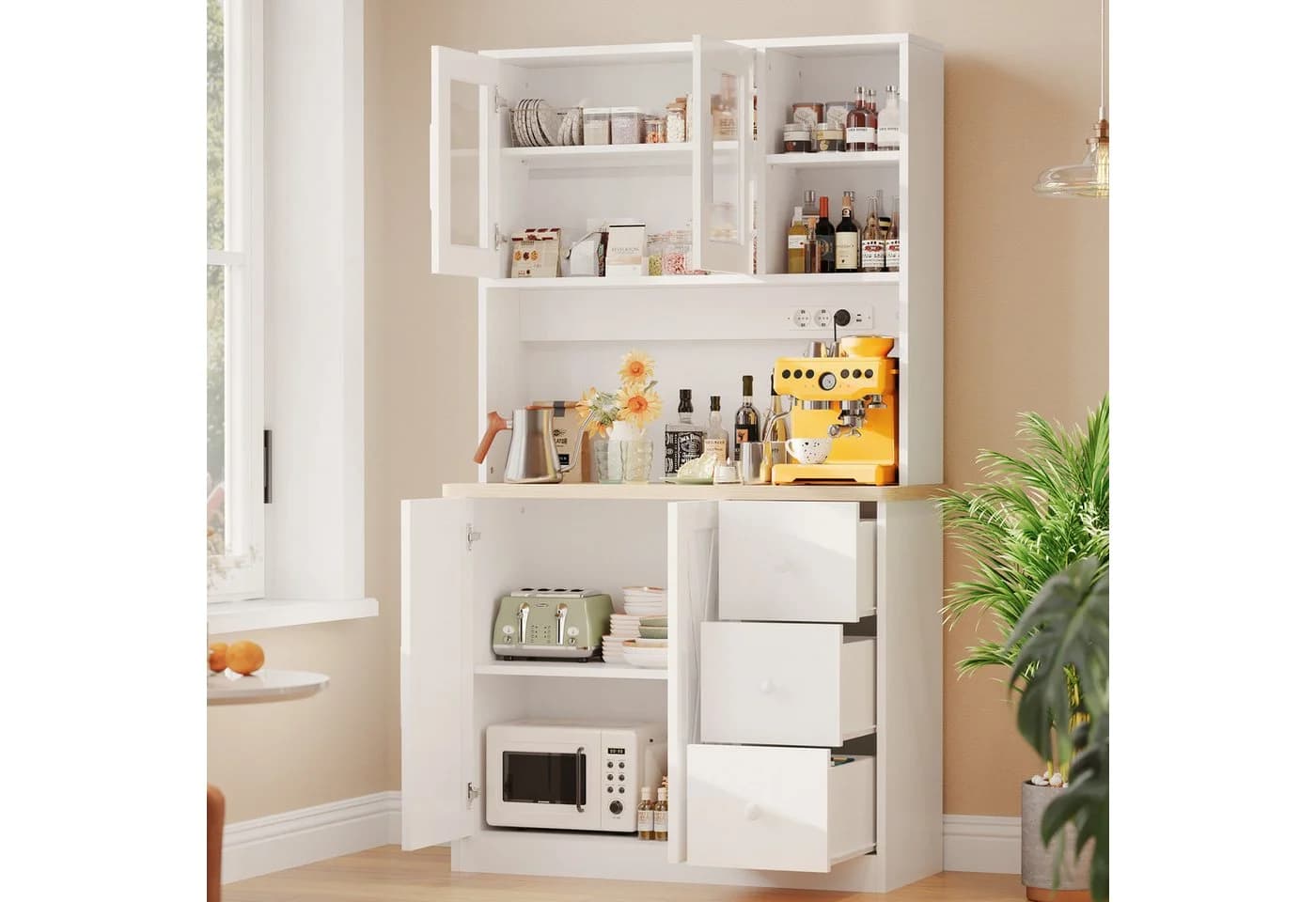 HOMALL Highboard Küchenbuffet mit LED, Steckdose & Glastür - Bild 3