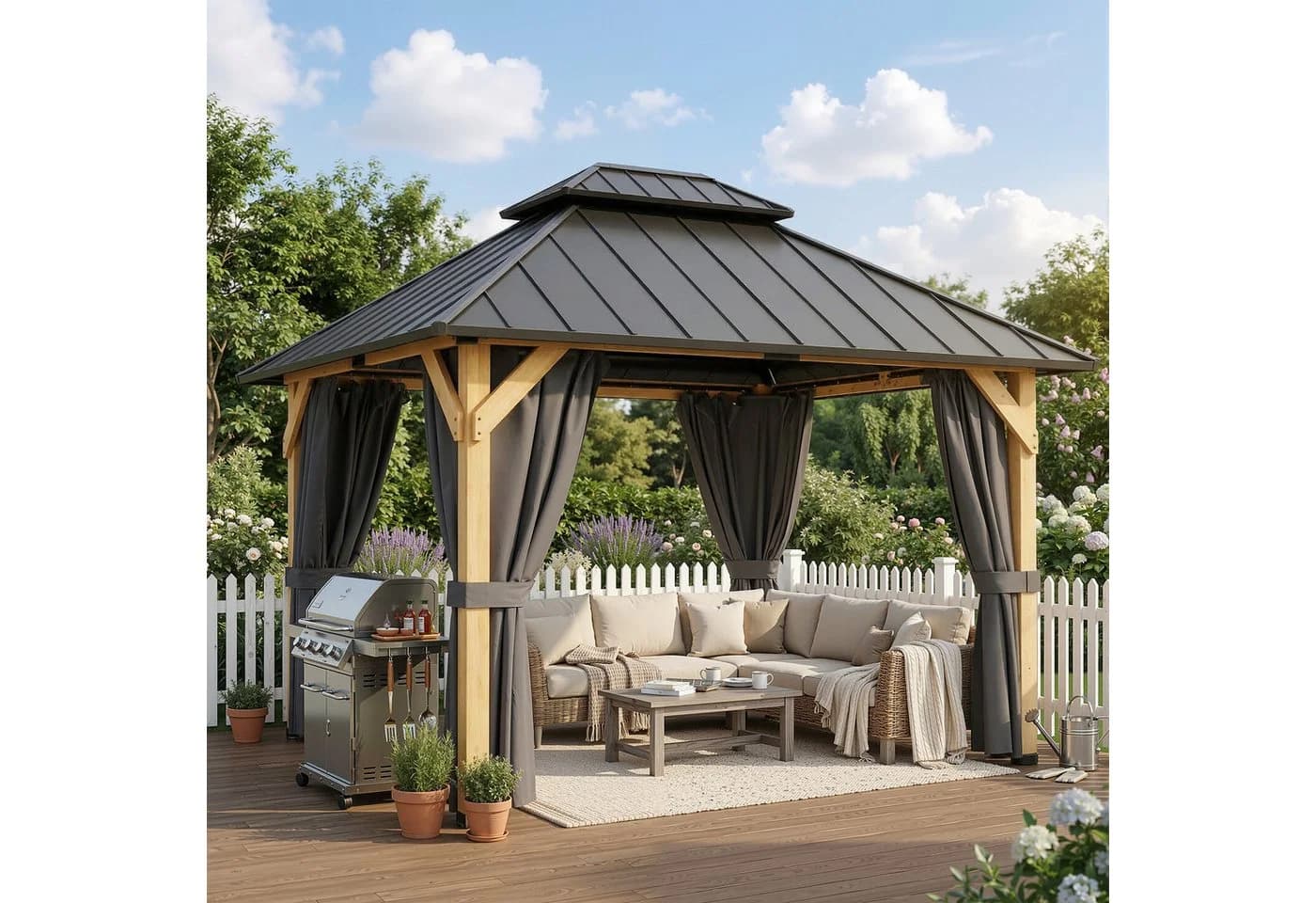 HOMALL Gartenpavillon Zedernholz Wetterfest Hardtop-Dach mit Vorhängen