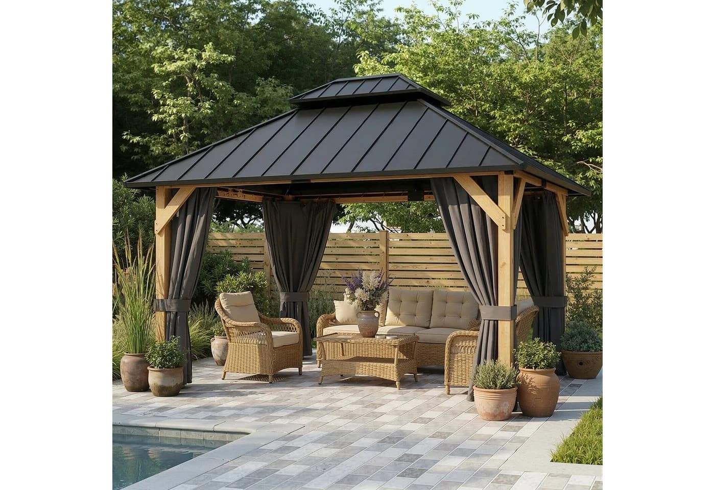 HOMALL Gartenpavillon Zedernholz Wetterfest Hardtop-Dach mit Vorhängen - Bild 2