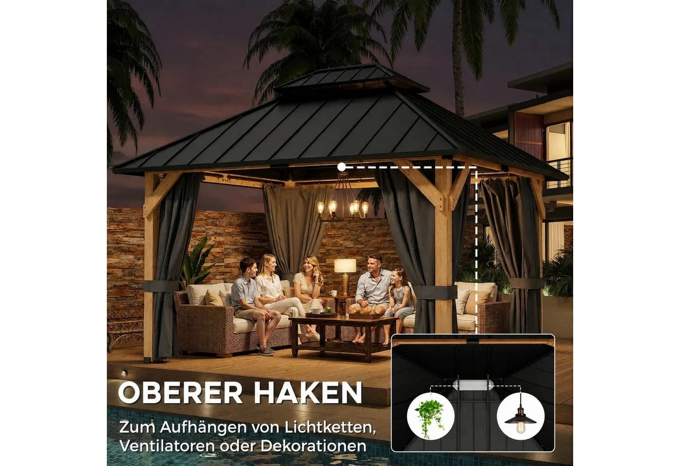 HOMALL Gartenpavillon Zedernholz Wetterfest Hardtop-Dach mit Vorhängen - Bild 3