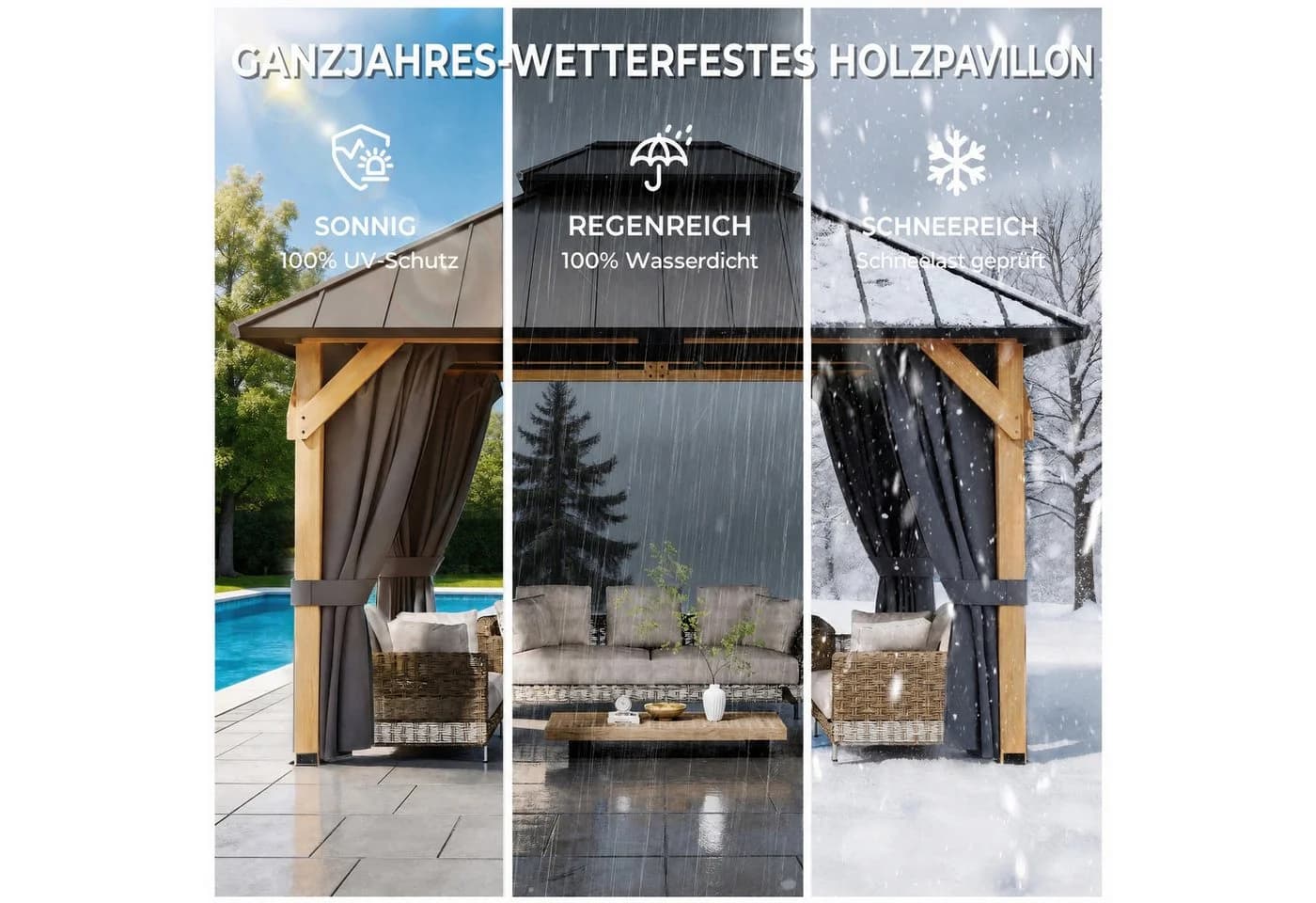 HOMALL Gartenpavillon Zedernholz Wetterfest Hardtop-Dach mit Vorhängen - Bild 5