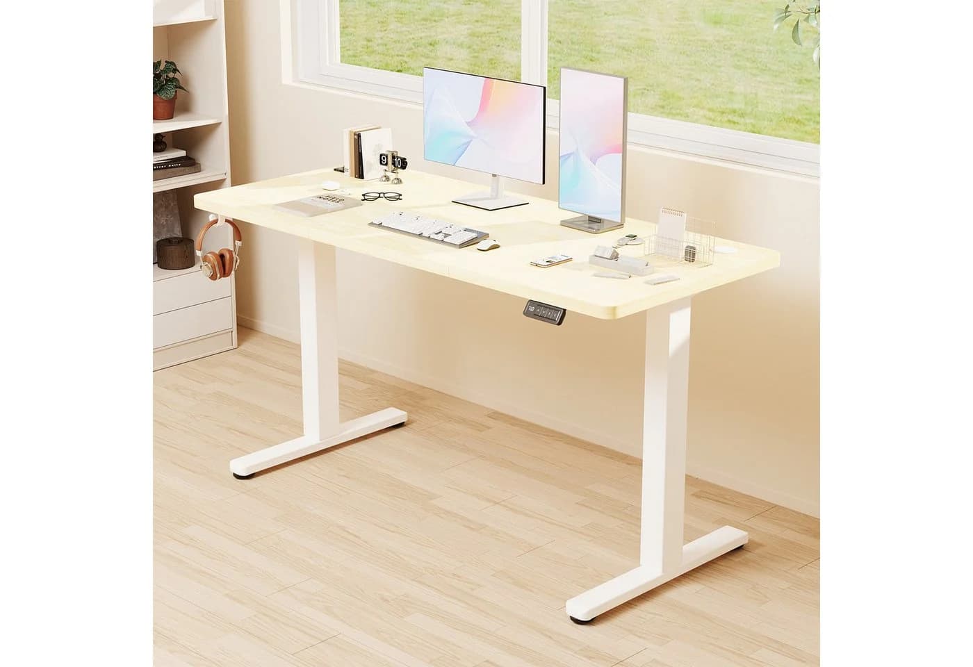 Furnicopia Höhenverstellbarer Schreibtisch Beige mit Kabelmanagement - Bild 3