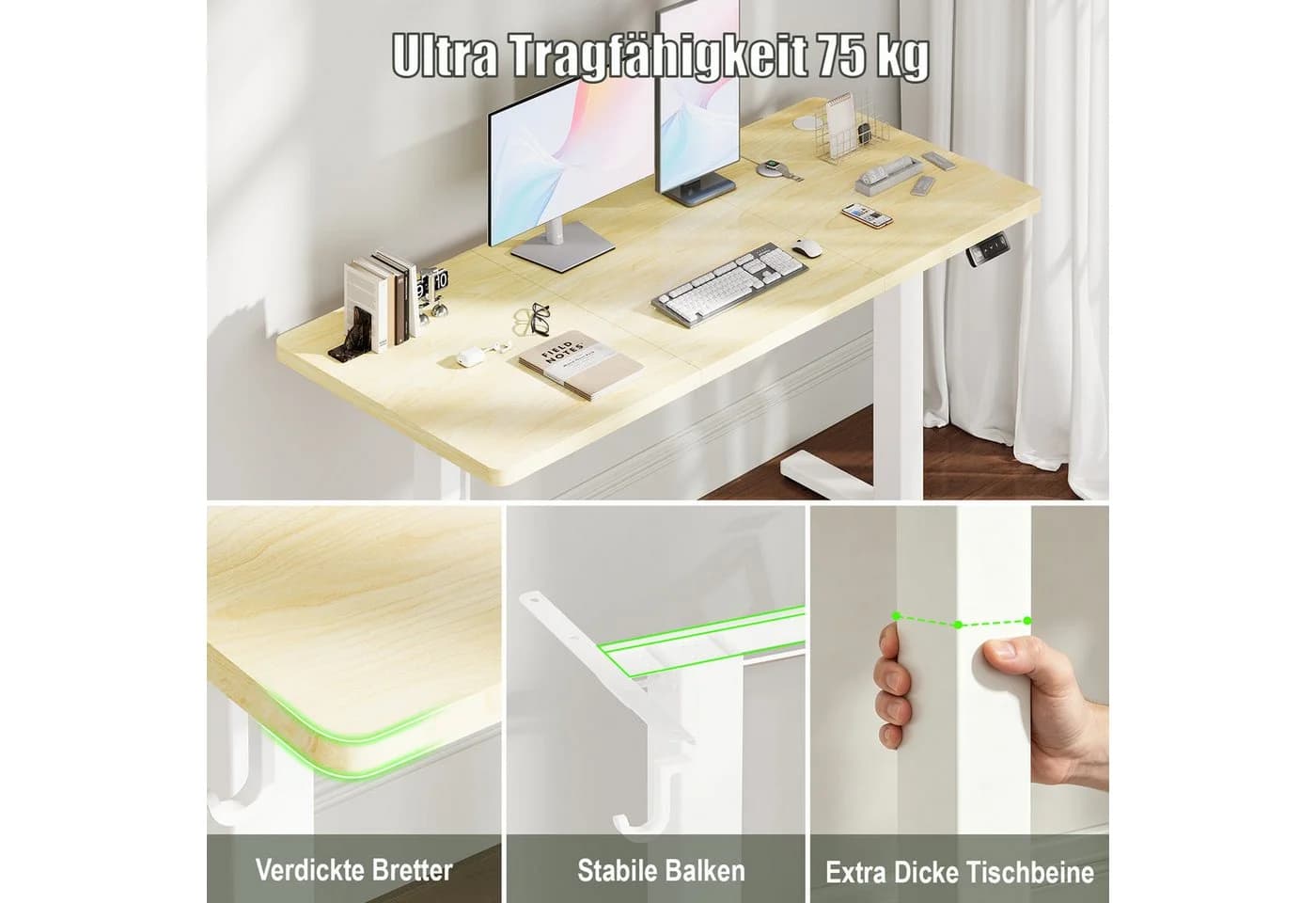 Furnicopia Höhenverstellbarer Schreibtisch Beige mit Kabelmanagement - Bild 5