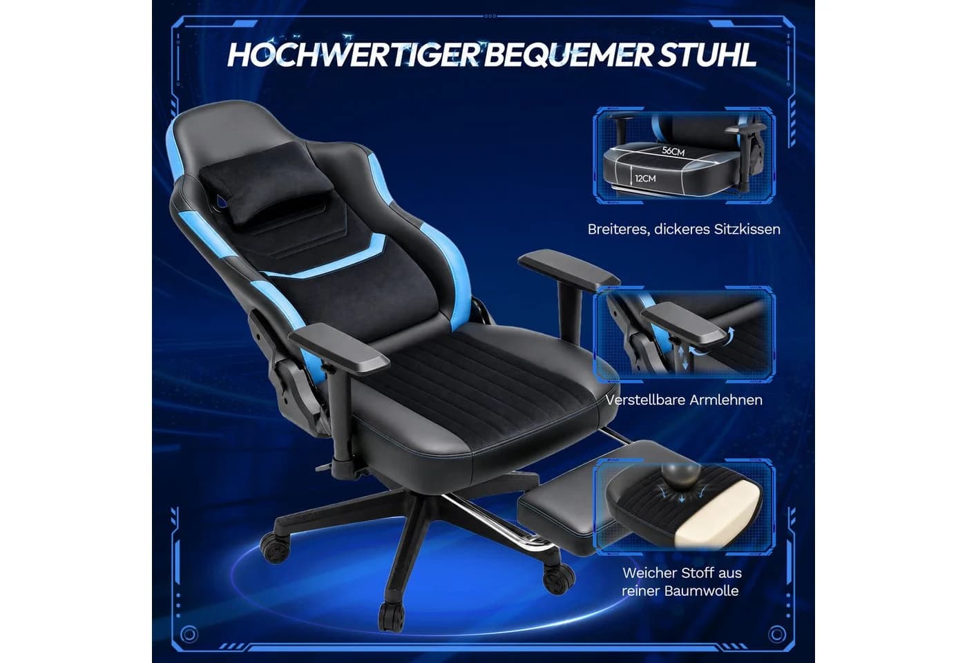 HOMALL Gaming-Stuhl mit Fußstütze, blau, 180 kg Tragfähigkeit - Bild 4