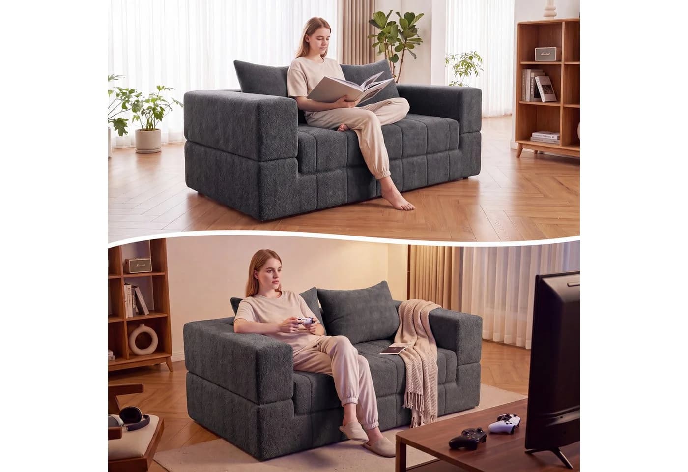 HOMALL Sofa 2-Sitzer Teddy-Bouclé grau mit Schlaffunktion - Bild 4