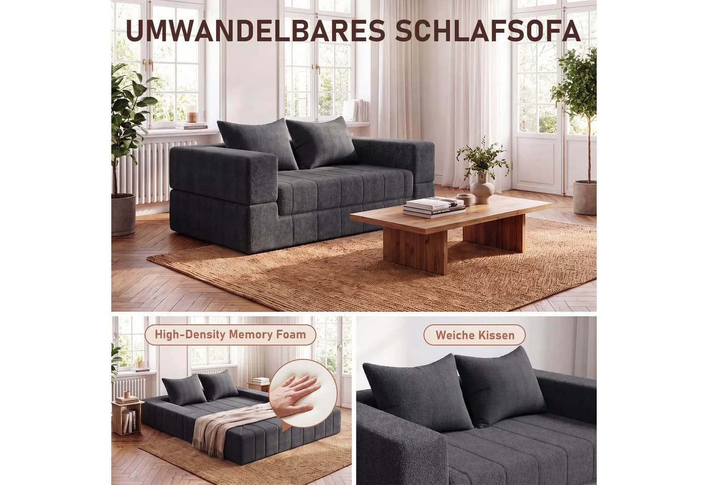 HOMALL Sofa 2-Sitzer Teddy-Bouclé grau mit Schlaffunktion - Bild 5