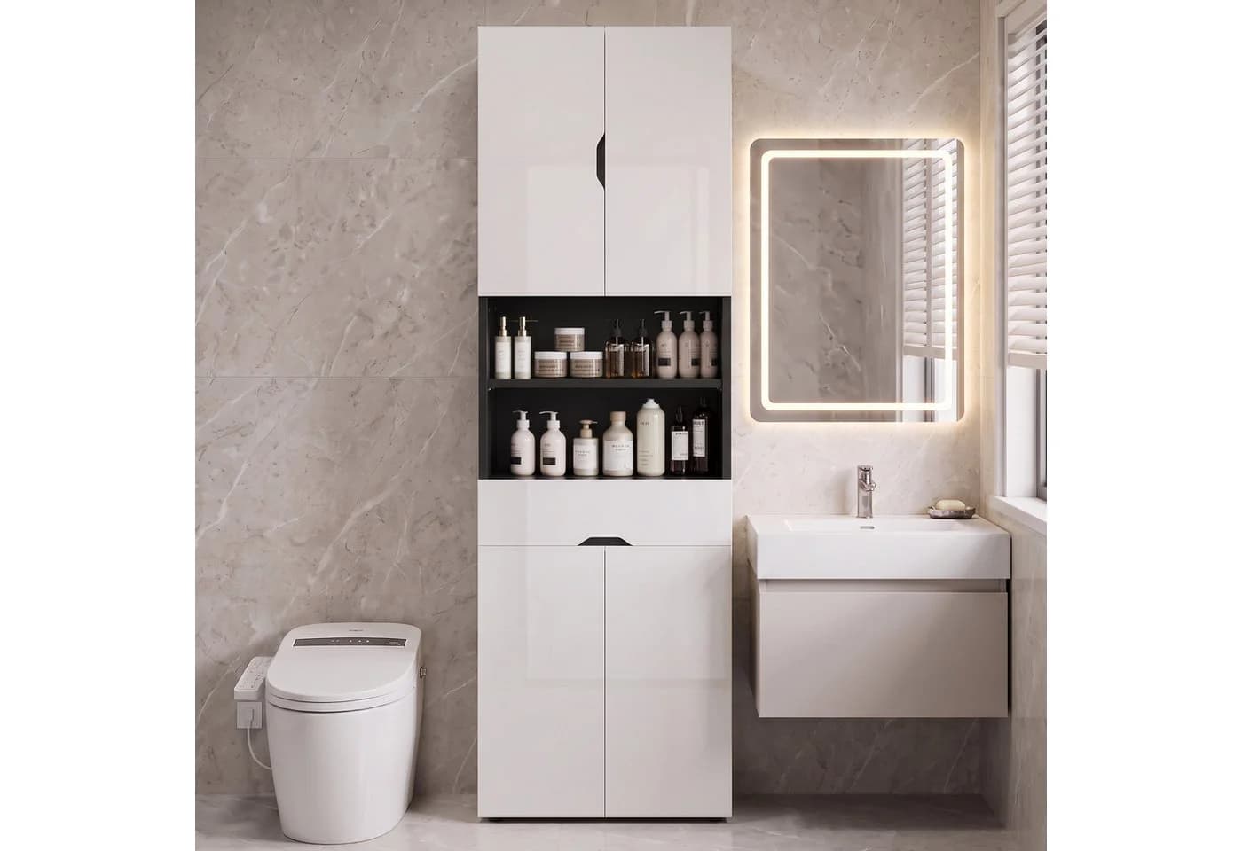 GUNJI Hochschrank Badschrank 4 Türen 1 Schublade Weiß/Schwarz Hochglanz