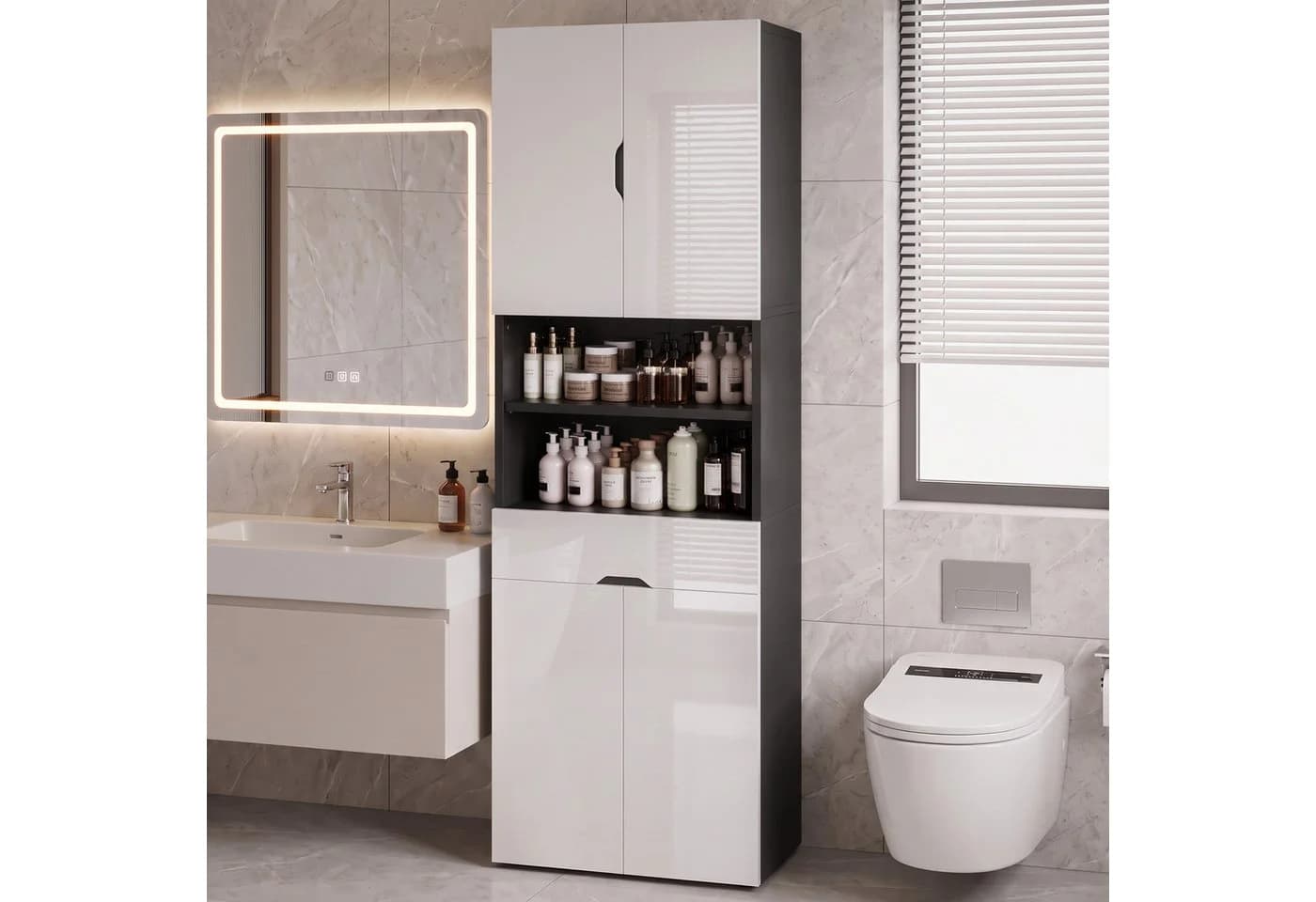 GUNJI Hochschrank Badschrank 4 Türen 1 Schublade Weiß/Schwarz Hochglanz - Bild 2