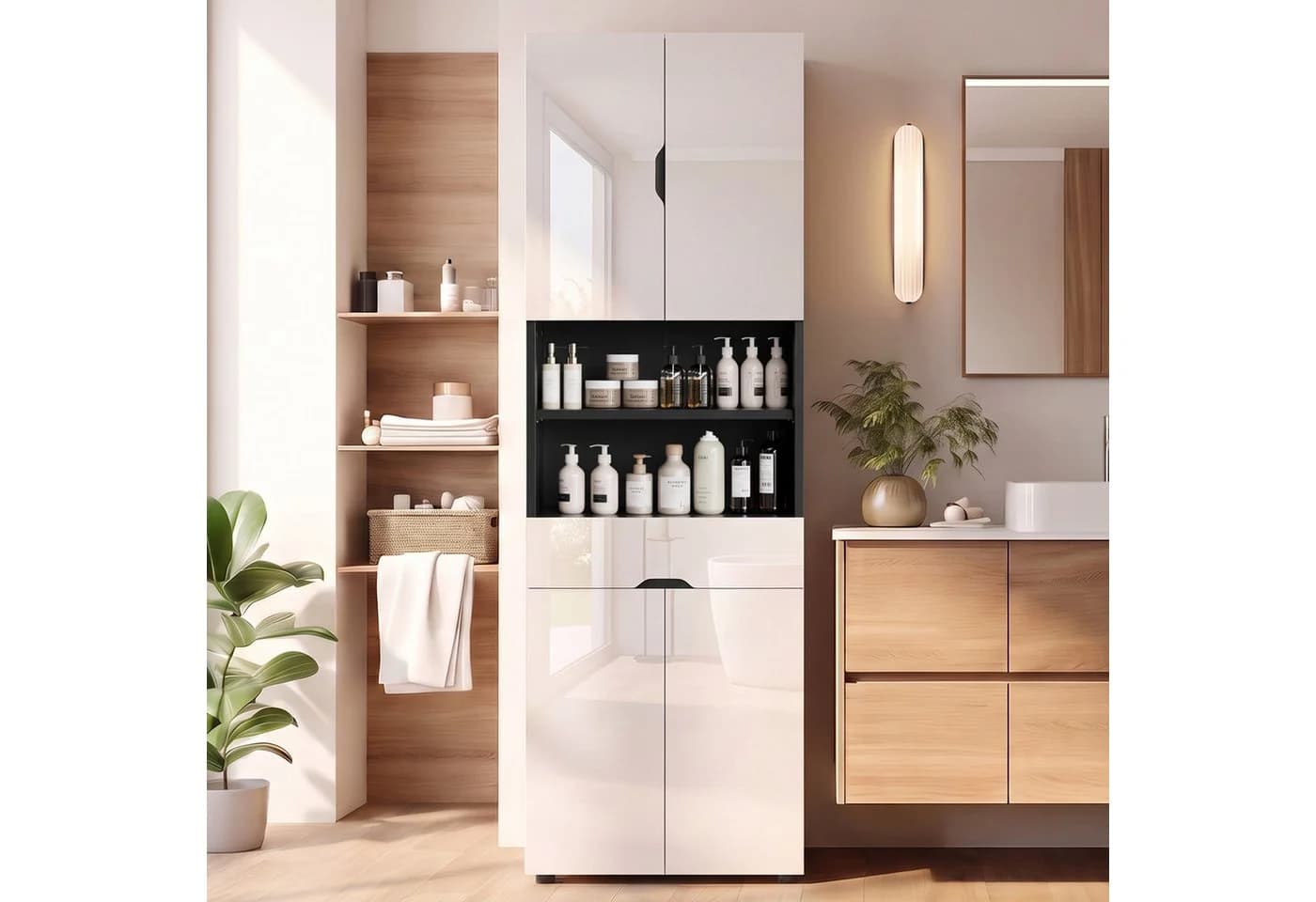 GUNJI Hochschrank Badschrank 4 Türen 1 Schublade Weiß/Schwarz Hochglanz - Bild 3