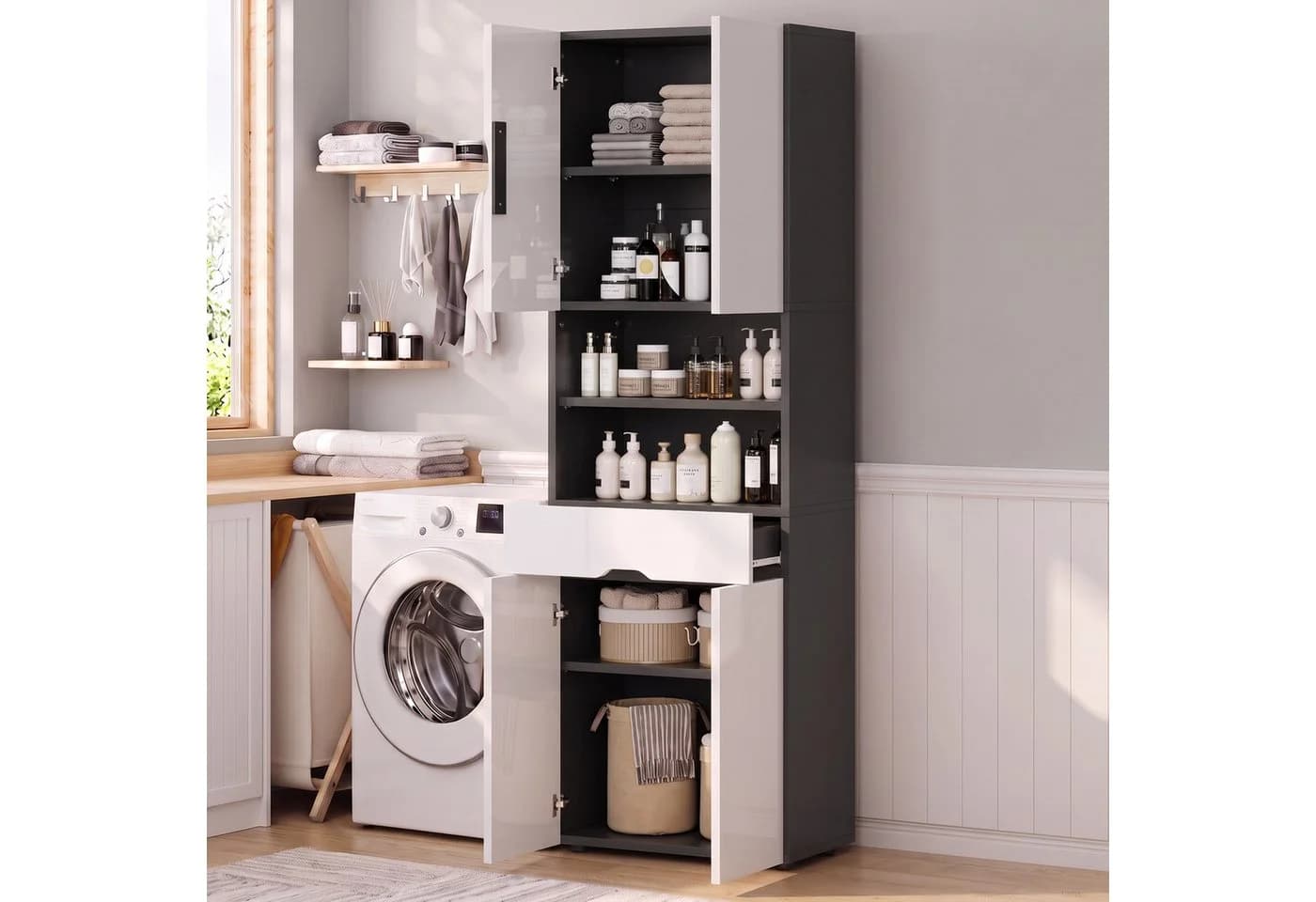 GUNJI Hochschrank Badschrank 4 Türen 1 Schublade Weiß/Schwarz Hochglanz - Bild 4
