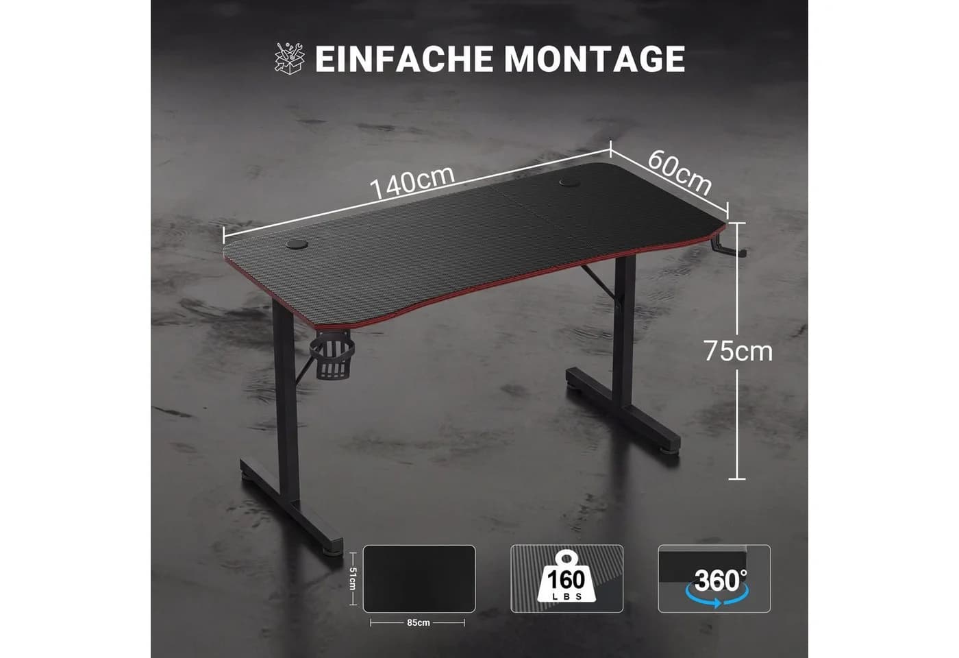 HOMALL Gamingtisch Schwarz Carbonfaser mit Kabelmanagement - Bild 3