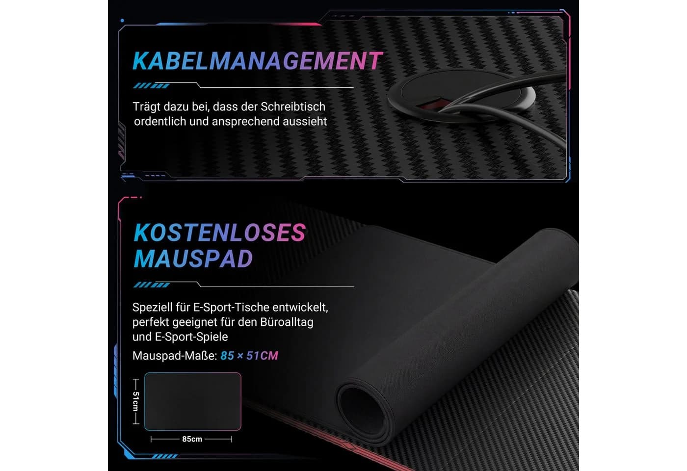 HOMALL Gamingtisch Schwarz Carbonfaser mit Kabelmanagement - Bild 5