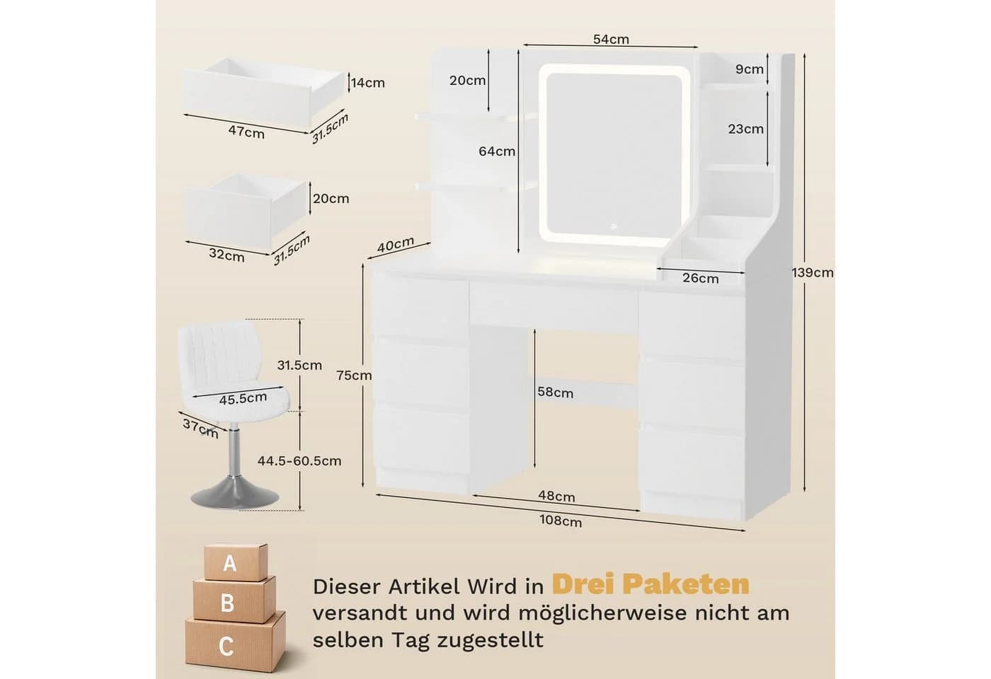 HOMALL Schminktisch mit LED-Spiegel und 7 Schubladen