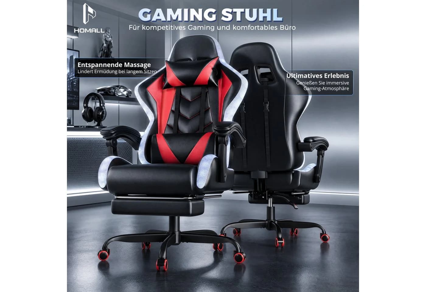 HOMALL Gaming-Stuhl mit LED & Massage Funktion Rot