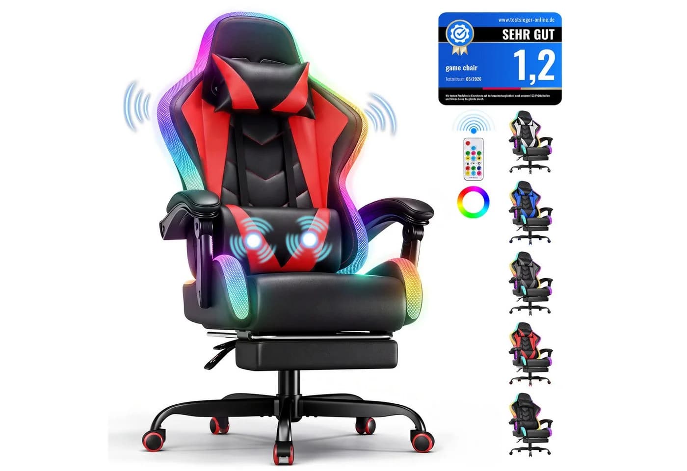 HOMALL Gaming-Stuhl mit LED & Massage Funktion Rot - Bild 2