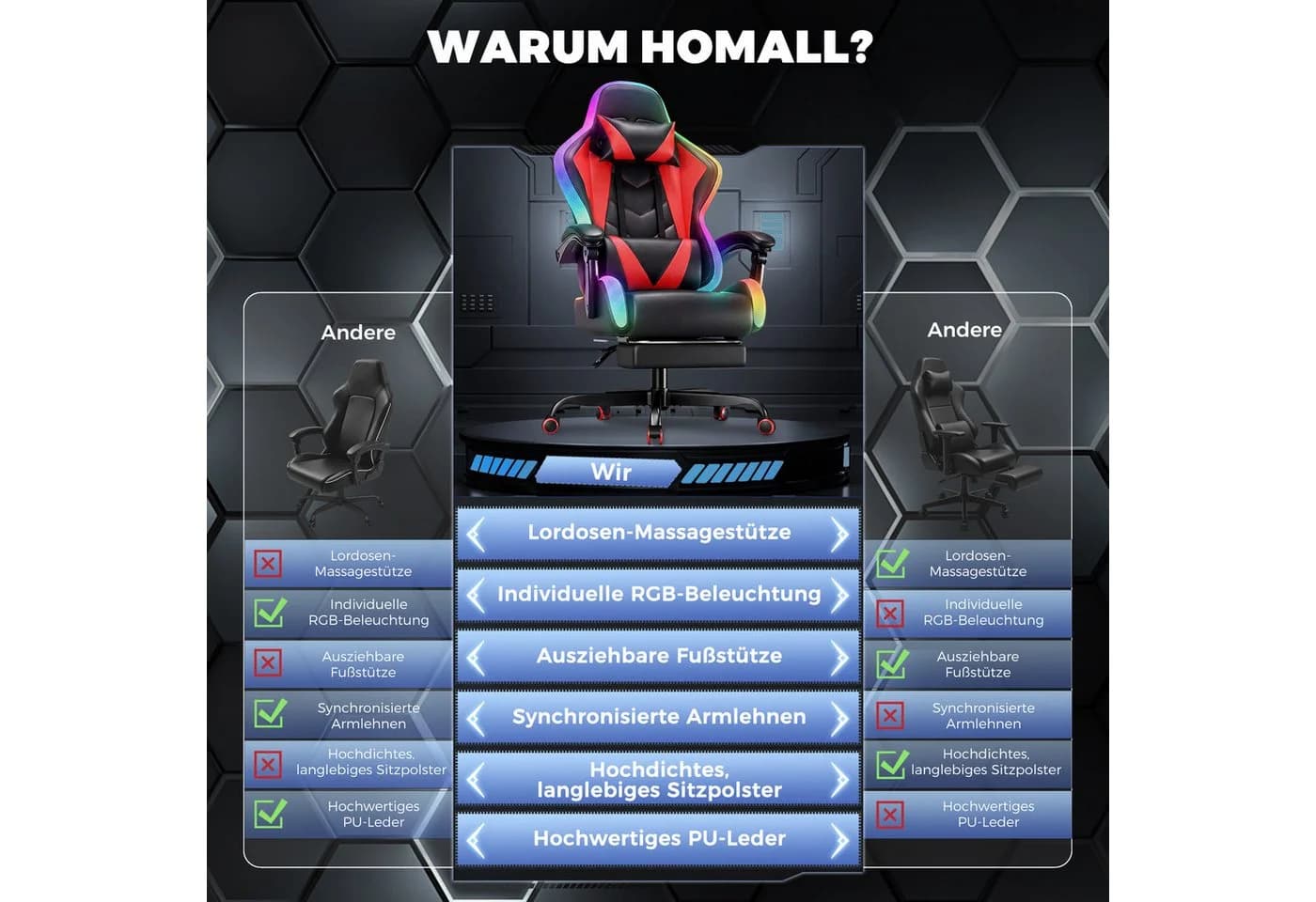 HOMALL Gaming-Stuhl mit LED & Massage Funktion Rot - Bild 3