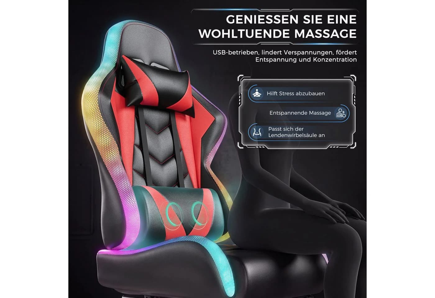HOMALL Gaming-Stuhl mit LED & Massage Funktion Rot - Bild 4