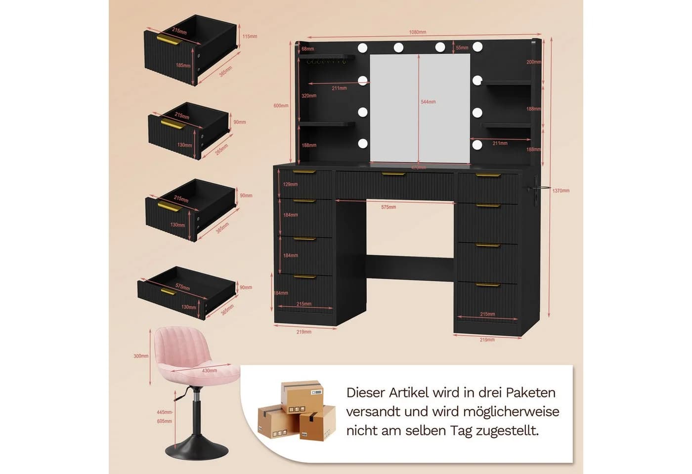 HOMALL Schminktisch mit LED-Spiegel, 9 Schubladen, Hocker-Set, Schwarz/Weiß