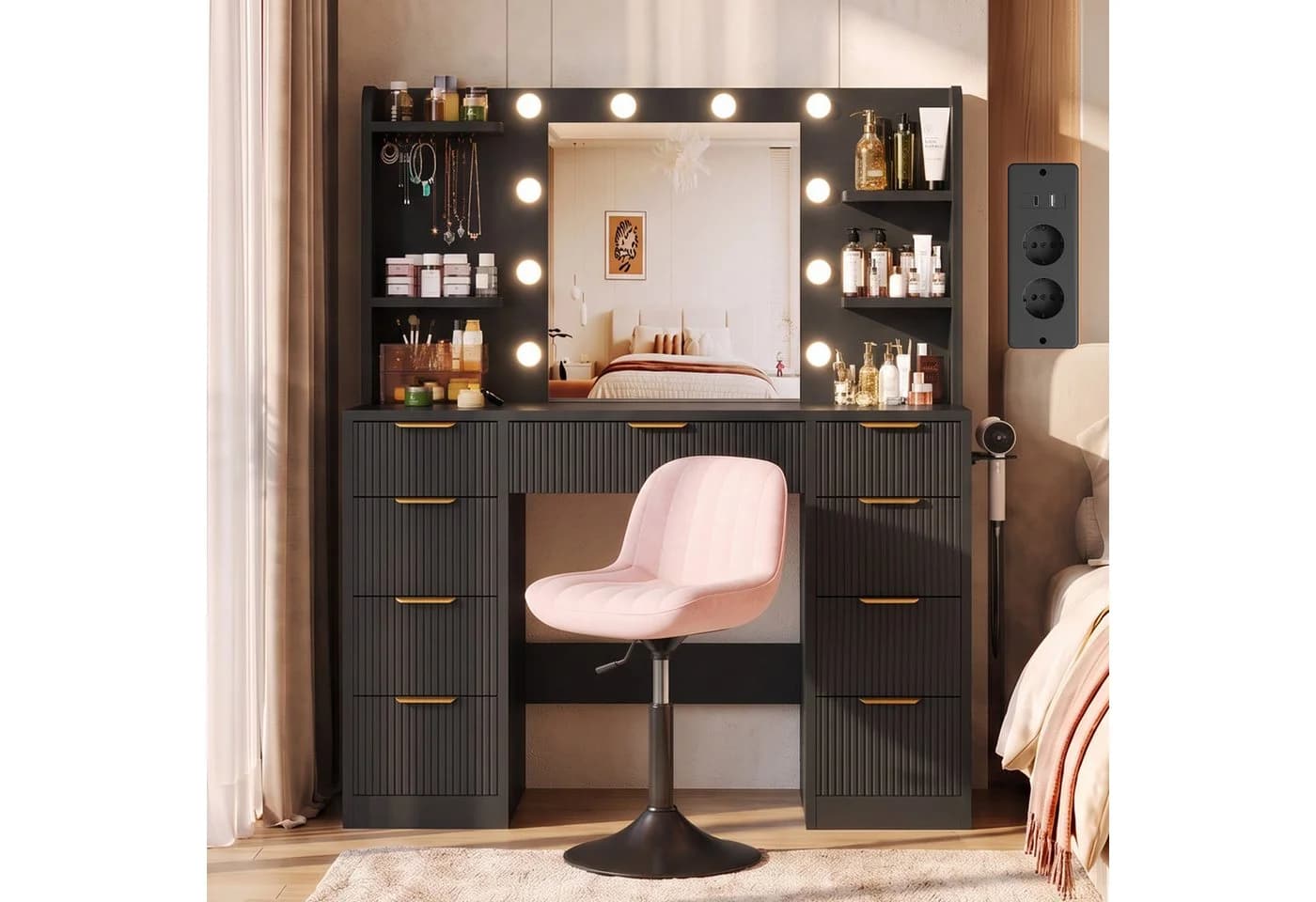 HOMALL Schminktisch mit LED-Spiegel, 9 Schubladen, Hocker-Set, Schwarz/Weiß - Bild 2