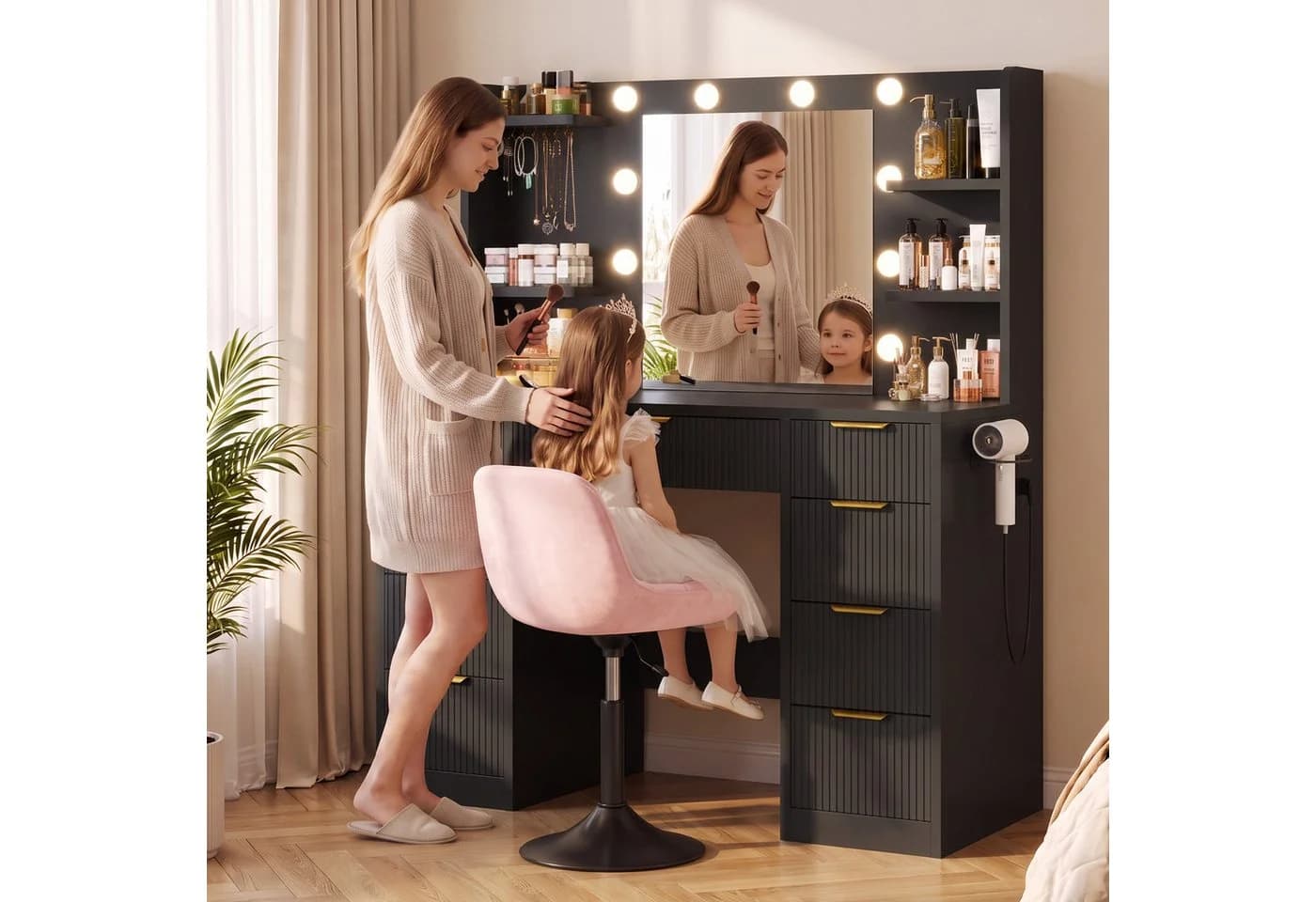 HOMALL Schminktisch mit LED-Spiegel, 9 Schubladen, Hocker-Set, Schwarz/Weiß - Bild 3