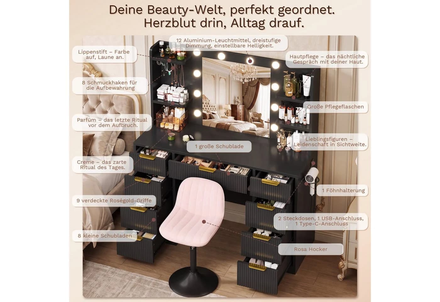 HOMALL Schminktisch mit LED-Spiegel, 9 Schubladen, Hocker-Set, Schwarz/Weiß - Bild 4