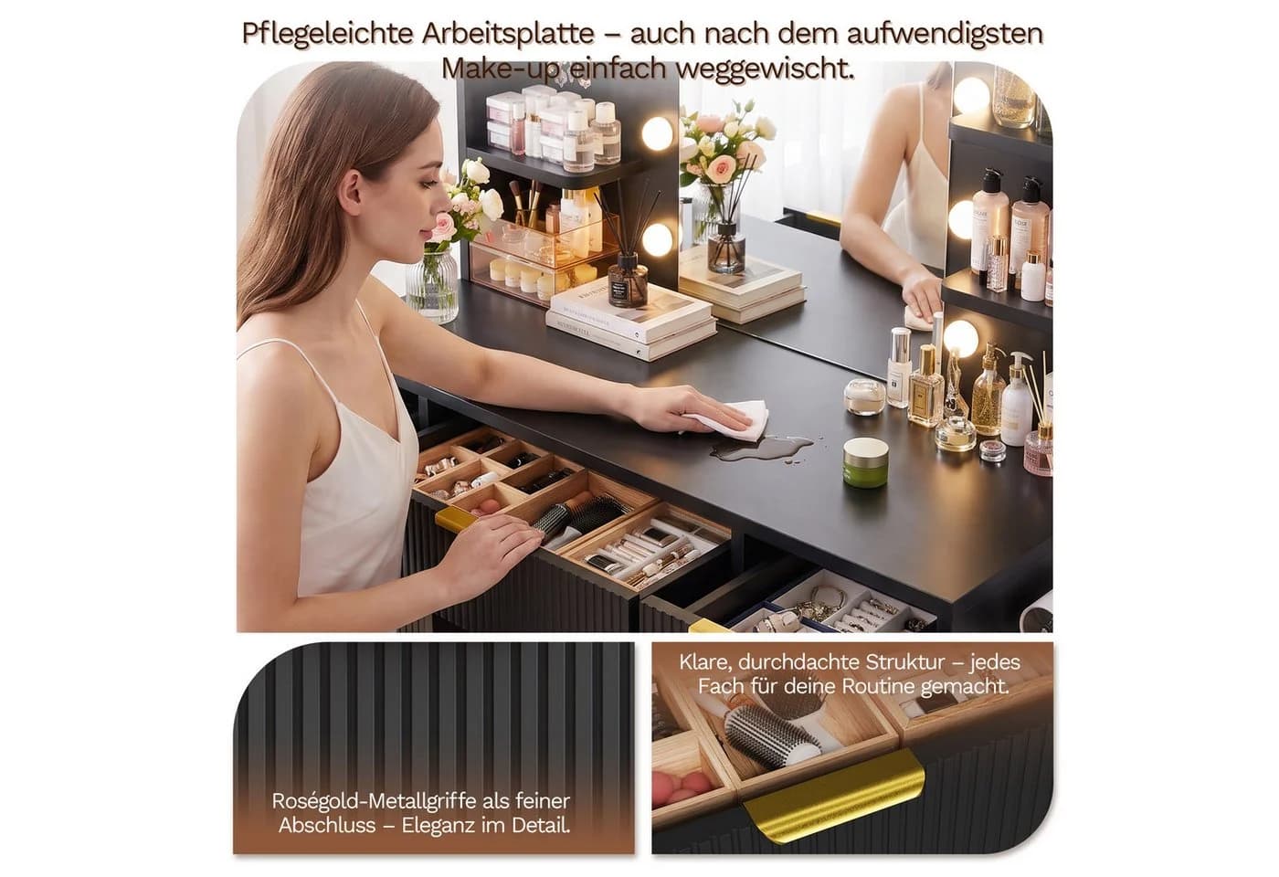 HOMALL Schminktisch mit LED-Spiegel, 9 Schubladen, Hocker-Set, Schwarz/Weiß - Bild 5