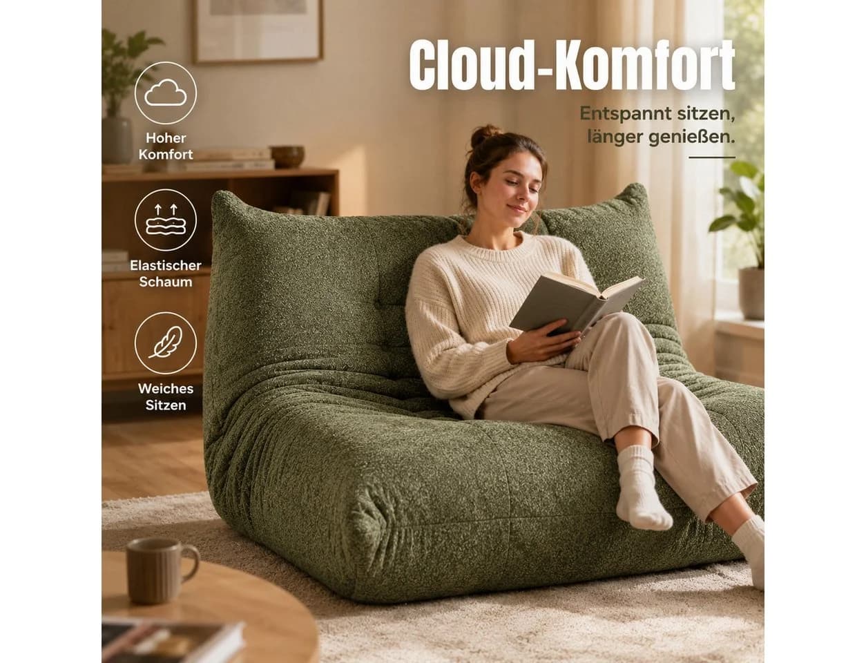 MIBODE Sitzsack 2-Sitzer Lazy-Sofa Chenille Grün mit Rückenstützung