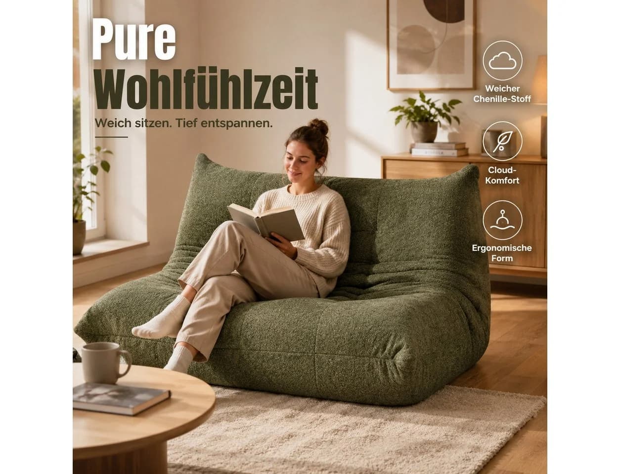 MIBODE Sitzsack 2-Sitzer Lazy-Sofa Chenille Grün mit Rückenstützung - Bild 2