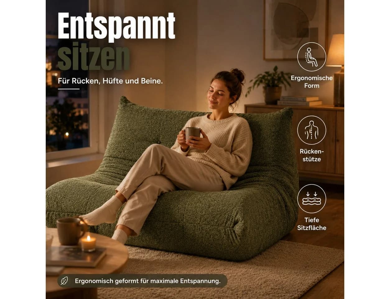 MIBODE Sitzsack 2-Sitzer Lazy-Sofa Chenille Grün mit Rückenstützung - Bild 4
