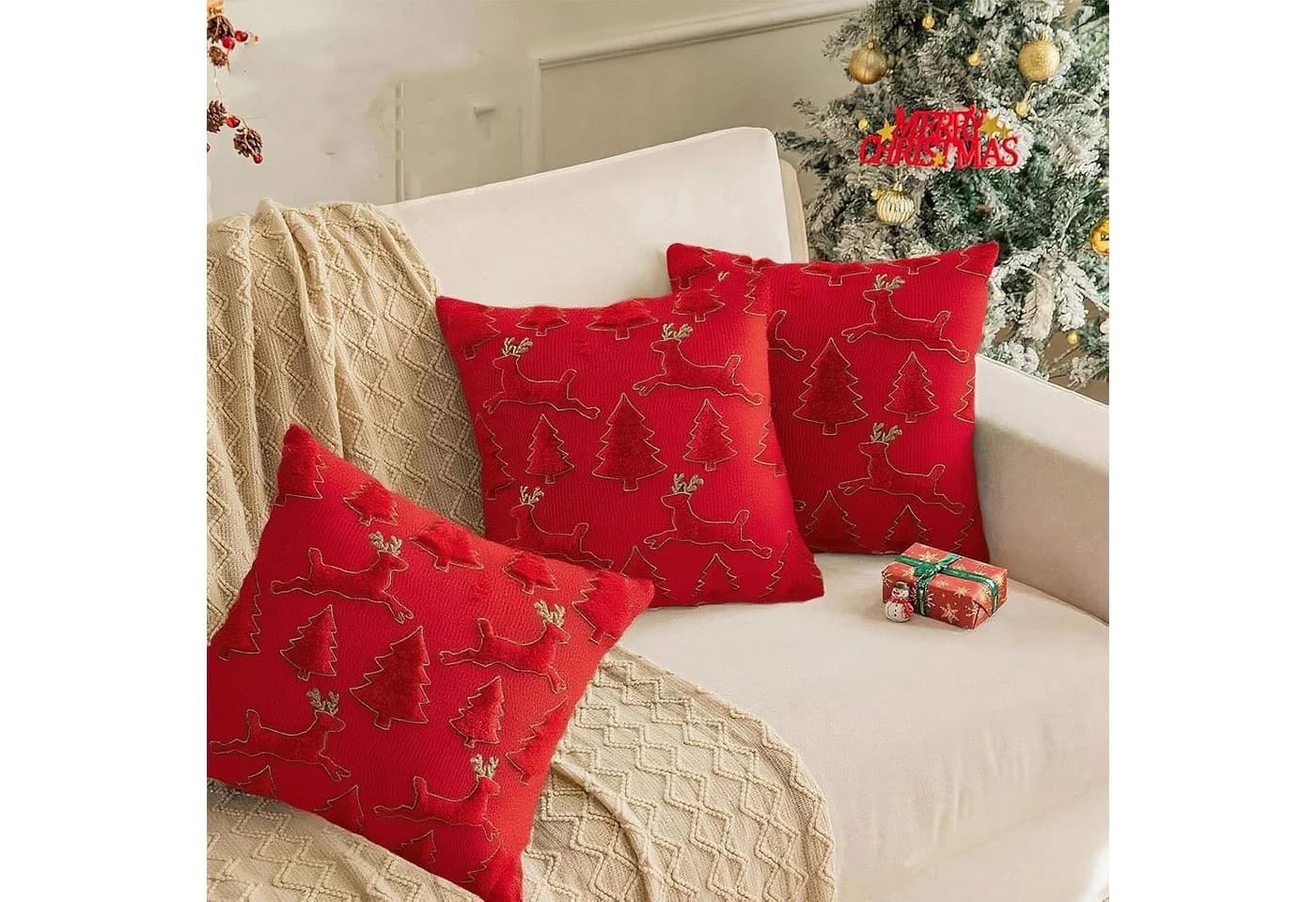 Sorvyzxn Weihnachts-Kissenbezug Plüsch Rot/Grün mit Schleifenmuster - Bild 3