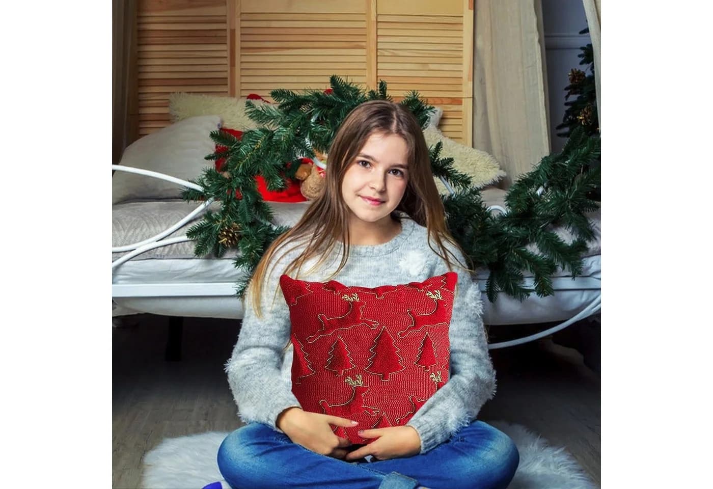 Sorvyzxn Weihnachts-Kissenbezug Plüsch Rot/Grün mit Schleifenmuster - Bild 4