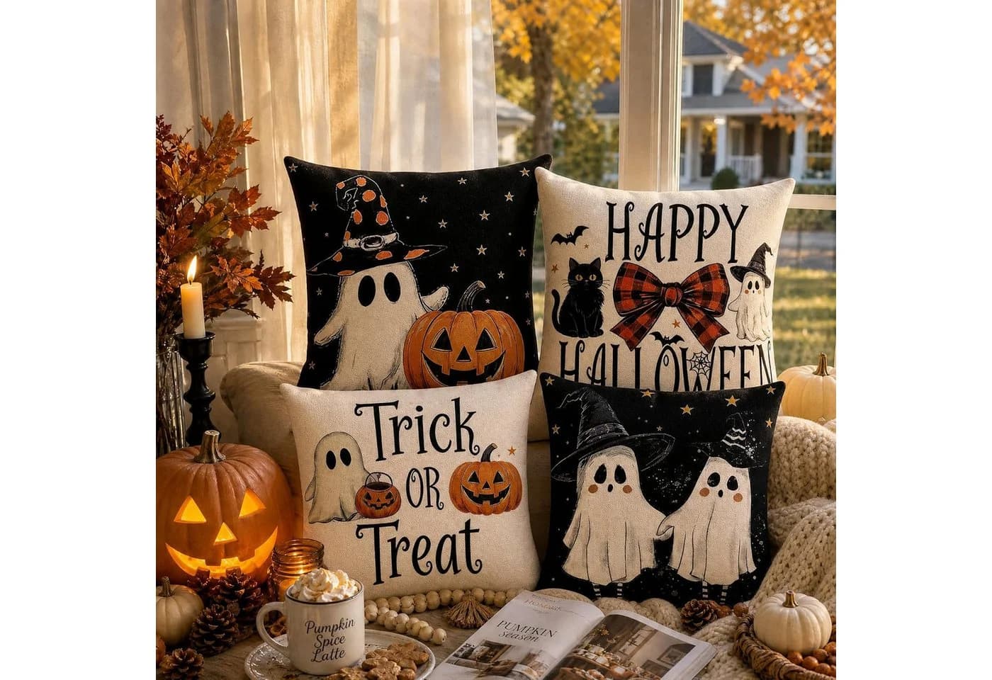 Sorvyzxn 4-teiliges Halloween-Kissenbezug-Set Schwarz/Weiß Geistermotiv