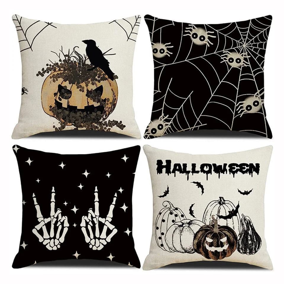 Sorvyzxn 4-teiliges Halloween-Kissenbezug-Set Schwarz/Weiß Geistermotiv - Bild 2