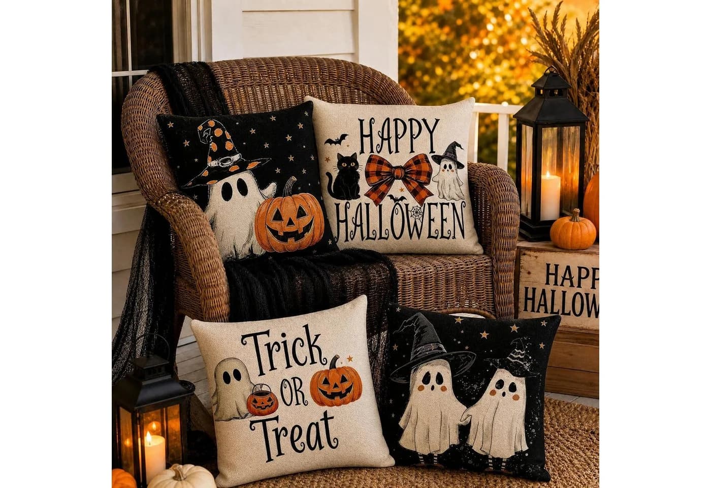 Sorvyzxn 4-teiliges Halloween-Kissenbezug-Set Schwarz/Weiß Geistermotiv - Bild 3
