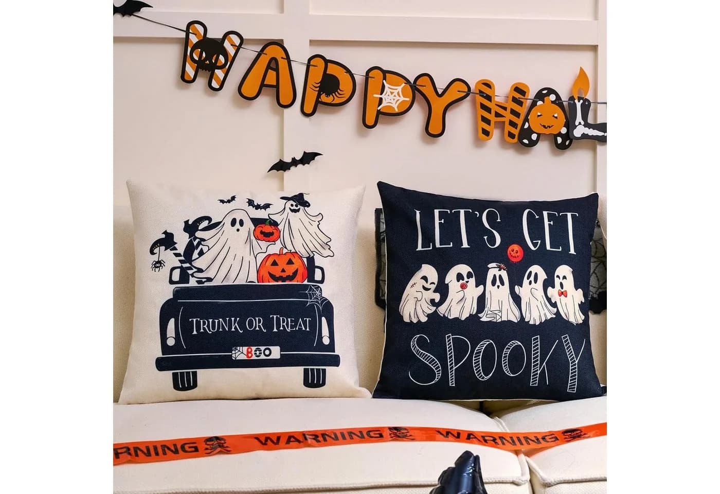 Sorvyzxn 4-teiliges Halloween-Kissenbezug-Set Schwarz/Weiß Geistermotiv - Bild 5