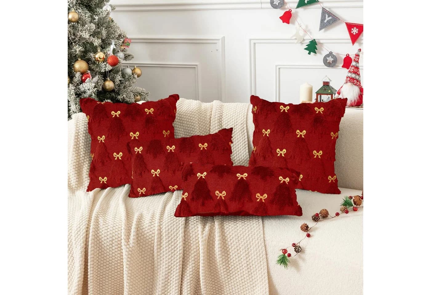 Sorvyzxn Weihnachts-Kissenbezug Plüsch Rot/Grün mit Schleifenmuster - Bild 5