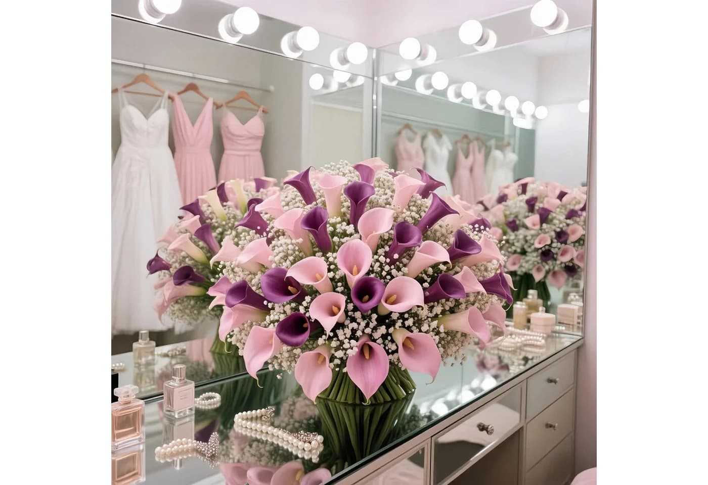 Zaewry Kunstblumenstrauß Calla-Lilien & Schleierkraut Violett/Weiß/Rosa - Bild 4