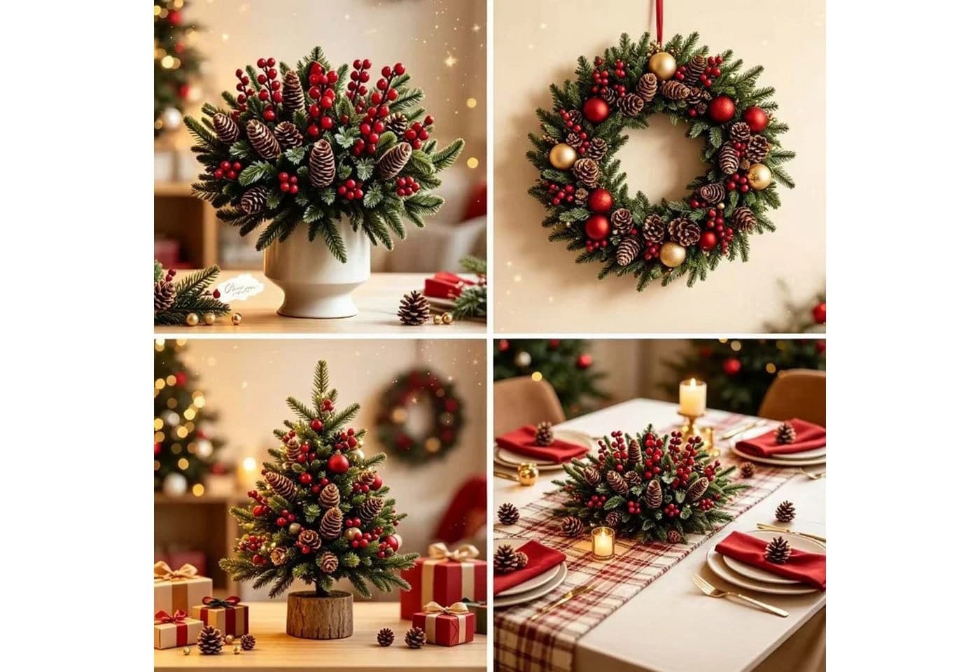Bomiclss 24er Set Kunstzweige Tannenzweige Grün Rot Weihnachtsdekoration