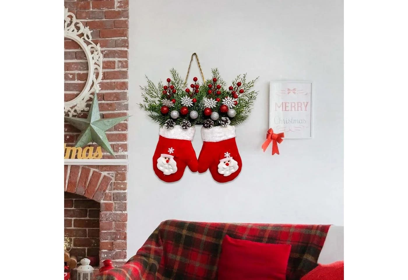Bomiclss Weihnachtskranz mit LED-Beleuchtung und Weihnachtsmannmütze - Bild 3