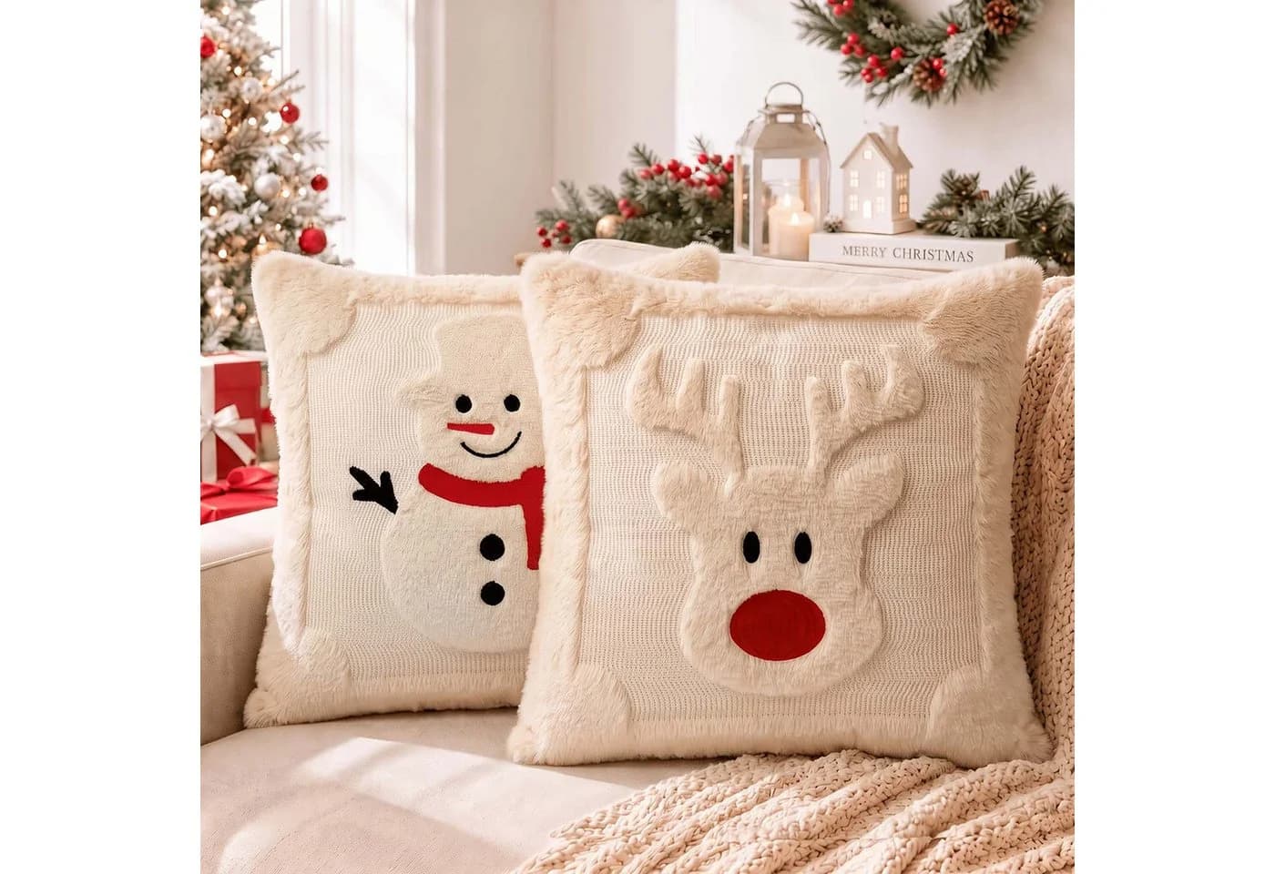 Bomiclss Kissenbezug 2er-Set Beige Kunstfell Weihnachtsdeko