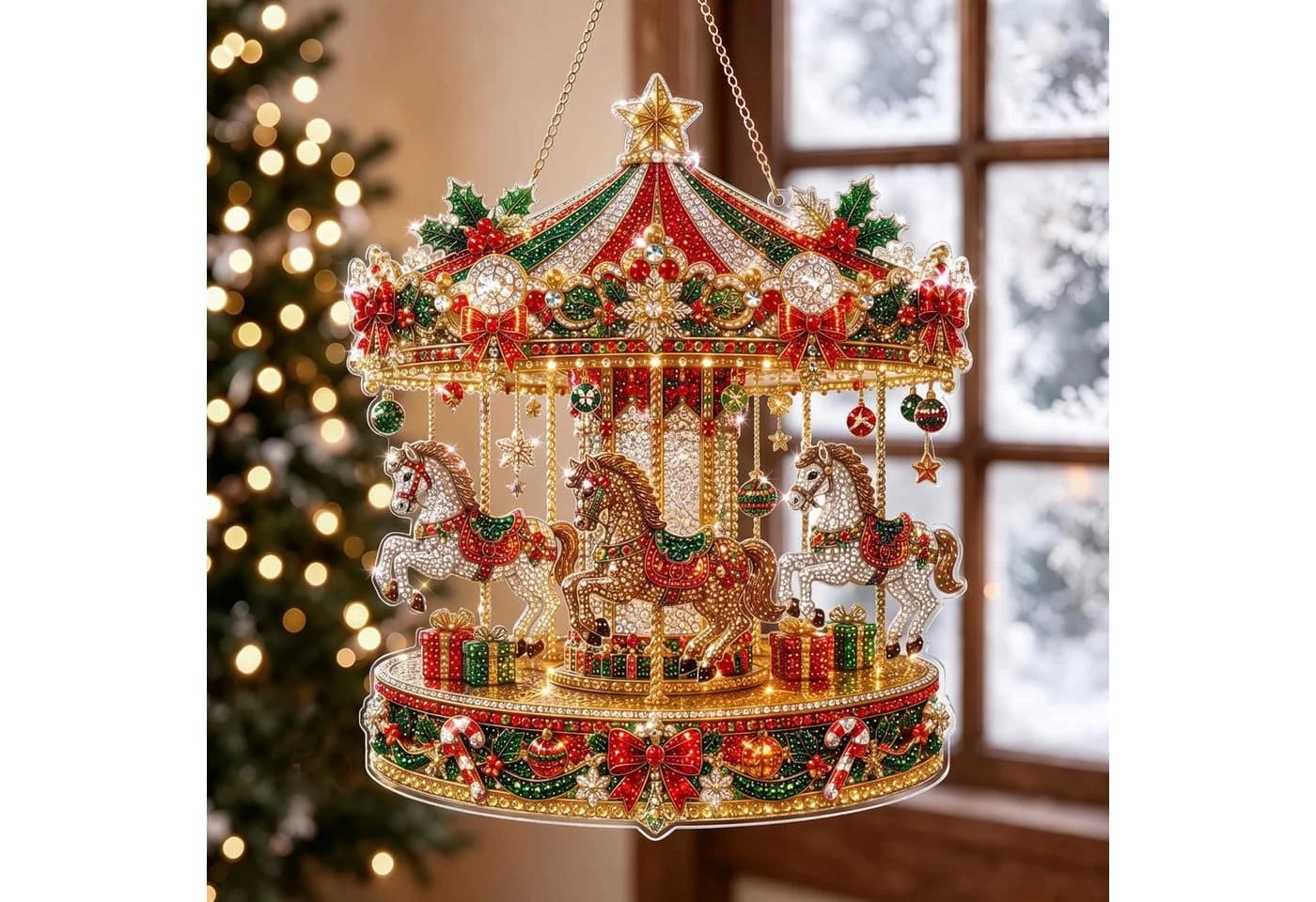 CLTYQ Pearl Diamond Painting Suncatcher Karussell Weihnachtsdeko