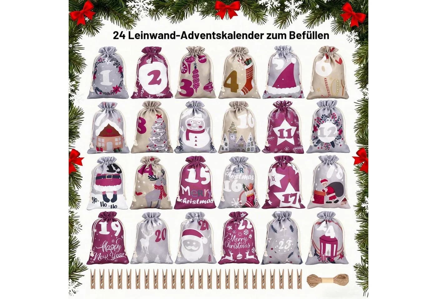 Sorvyzxn Adventskalender zum Befüllen 24 Stoffsäckchen Bunt