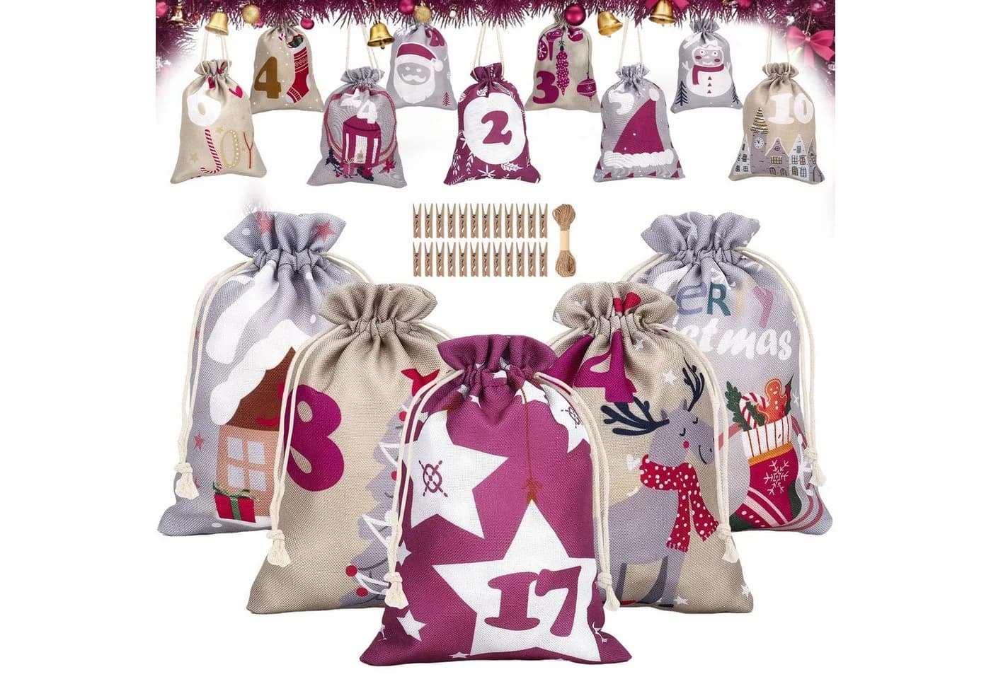 Sorvyzxn Adventskalender zum Befüllen 24 Stoffsäckchen Bunt - Bild 2