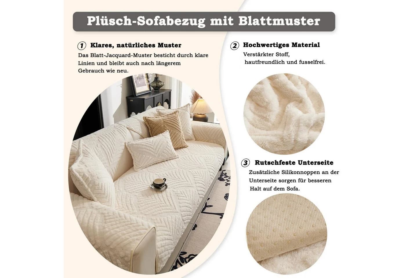 Zyronn Sofaschoner Beige Blattmuster Weich & Rutschfest - Bild 3