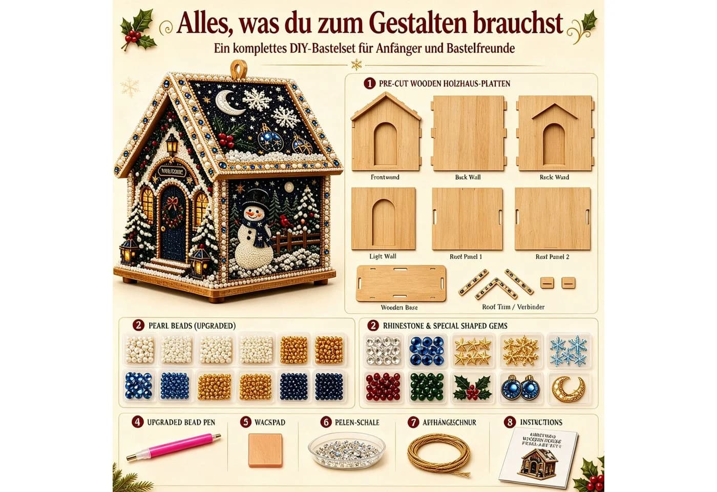 CLTYQ DIY Diamantmalerei Set Weihnachtsbaum Deko mit Holzperlen & Strasssteinen - Bild 4