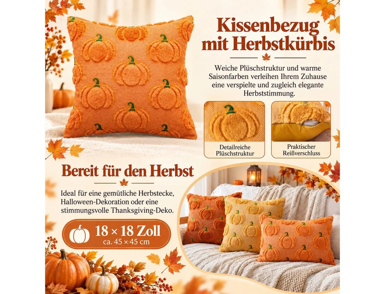 Sorvyzxn Kissenbezüge 2er Set Orange Kürbis-Herbstmotiv - Bild 3