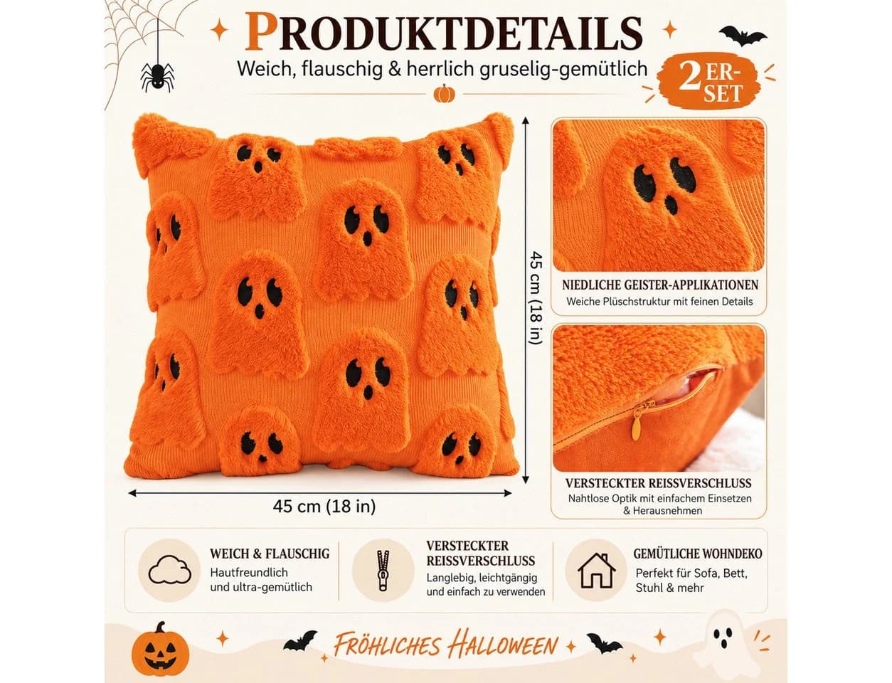 Sorvyzxn Kissenbezüge 2er Set Halloween Geistermotiv Polyester